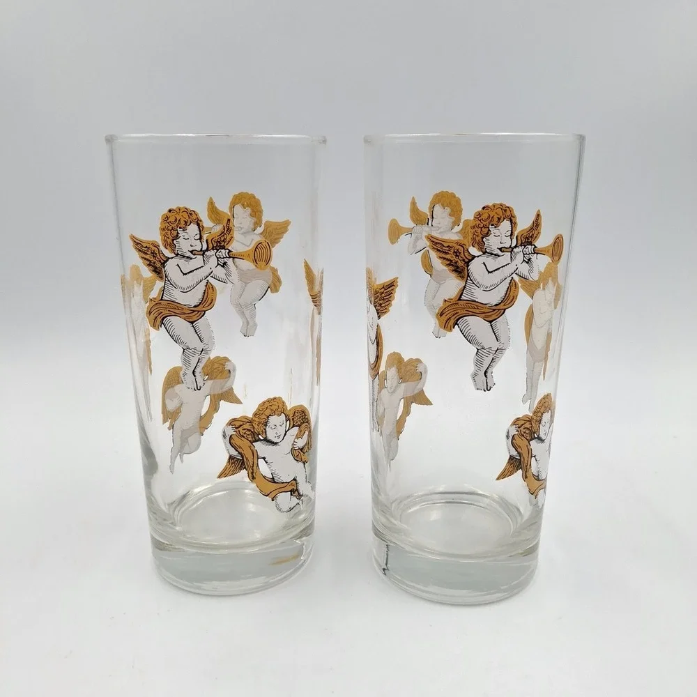 Vintage Culver Tall Cooler Barware Glasses Cherubs & Stars Set of 2 Made In USA